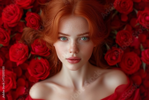 A fiery redhead with piercing green eyes and soft freckles, surrounded by the intense red of blooming roses, symbolizing celebration Valentine's Day