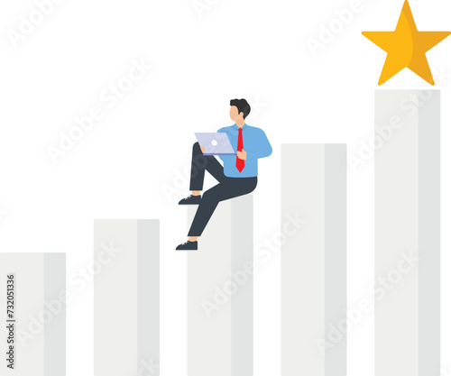 Hard work for career growth and salary increase, financial and economic growth, study of new business development prospects, increase in income and profit, a man sits with a laptop on a growing graph
