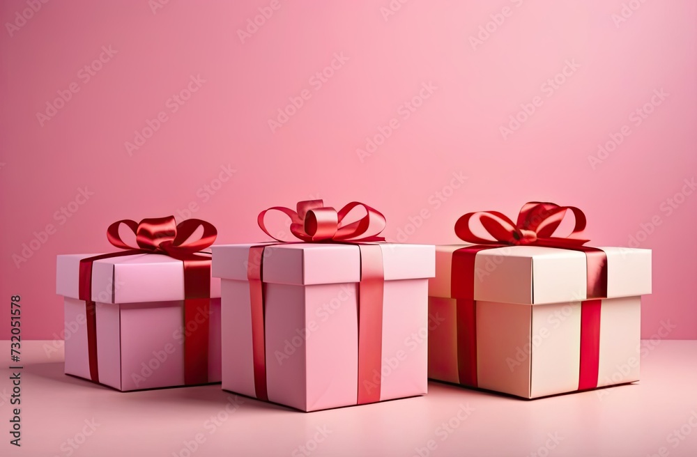 Pink gift boxes with ribbons on pink background Pink gift boxes with ribbons on pink background