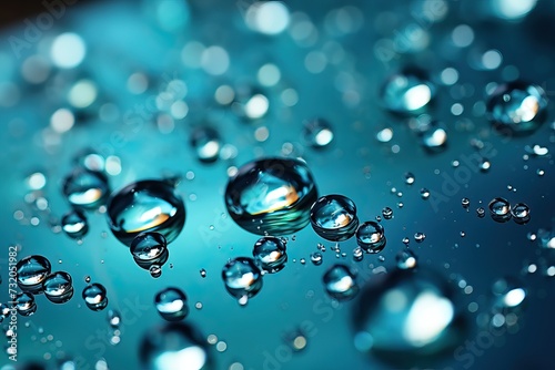Transparent macro drops on a blue aquamarine background.