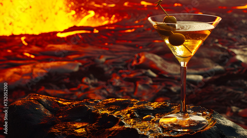 Cinematic wide angle photograph of a martini glass with an olive in the border of a volcano. Product photography. Advertising.