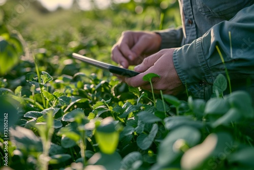 Close-up of farmer's hands holding tablet in a corn field under the light of setting sun. Farmer uses special application to control crops development. Smart farming and precision agriculture.