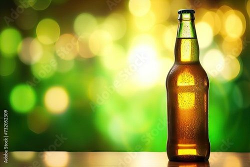 Template of empty bottle of cold beer with drops isolated on blurred green background. Cold refreshment, alcohol drink. Oktoberfest and St. Patrick's day celebration in a pub or bar. Mockup for design