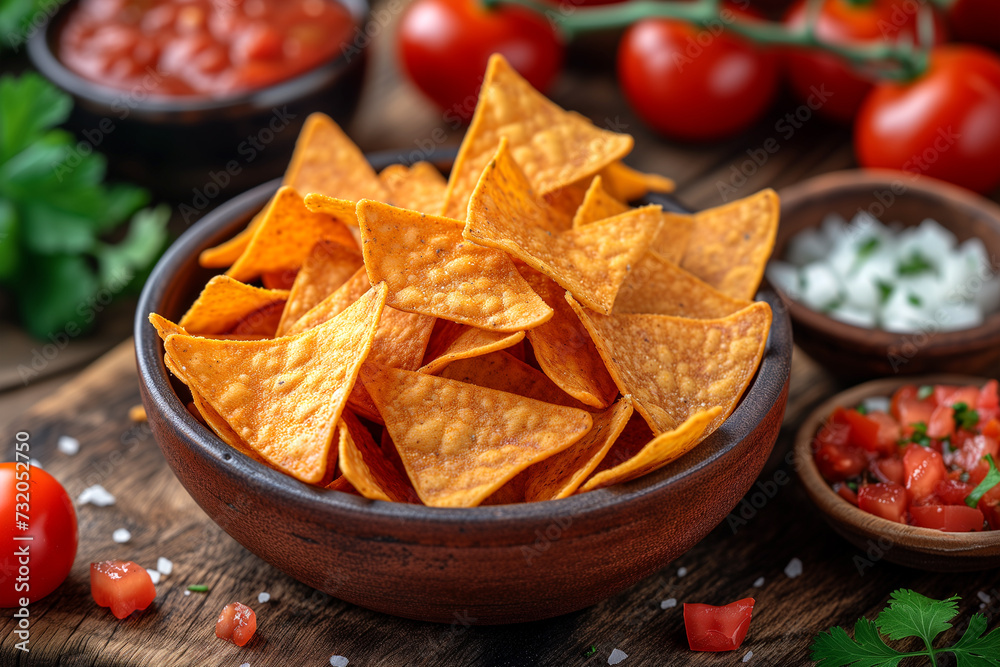 Nachos with tomato sauce on wooden table