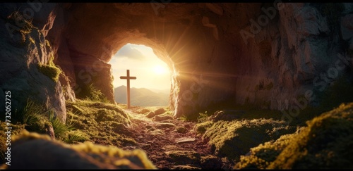 christ in an open tomb with a cross waiting for the light Generative AI photo