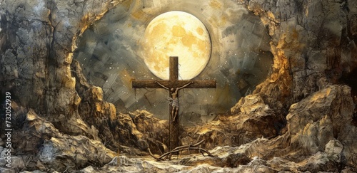 christ's cross surrounded by the moon in the rock Generative AI photo