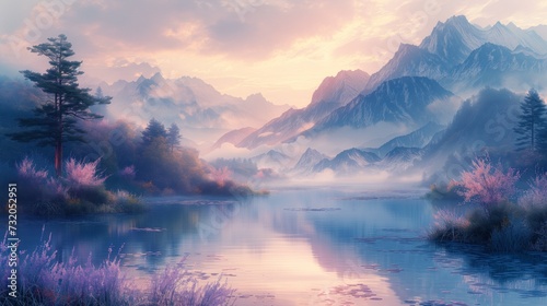 dreamscape in watercolor  blending serene blues and soft lavenders to evoke tranquility and true emotional balance