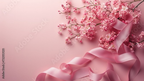 Minimalist backdrop adorned with a gentle pink ribbon, imparting a feeling of...