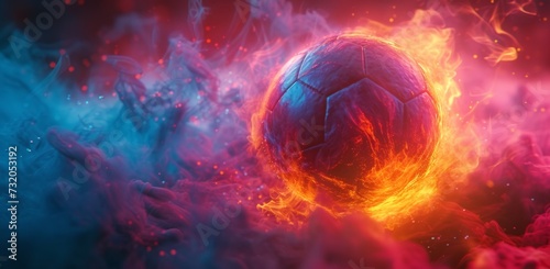 the soccer ball is burning in a red flame
