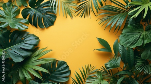Simple yet captivating backdrop adorned with vibrant tropical leaves