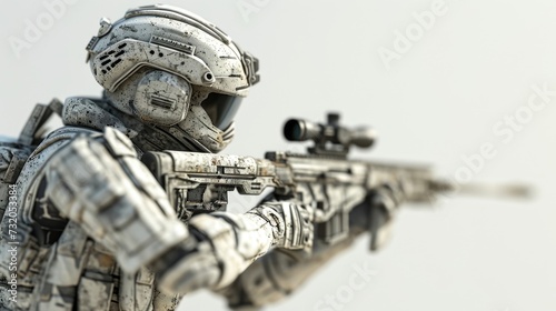 Cartoon digital avatar of a sniper in urban camo, aiming a hightech sniper rifle