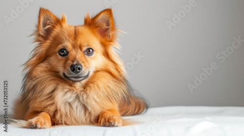 Minimalist portrayal of a cute fluffy dog, emphasizing its soft fur and gentle demeanor. © olegganko