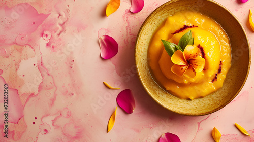 Vibrant Amras Mango Puree, Garnished with a Flower, Elegant Food Art on Pink Marble Background photo