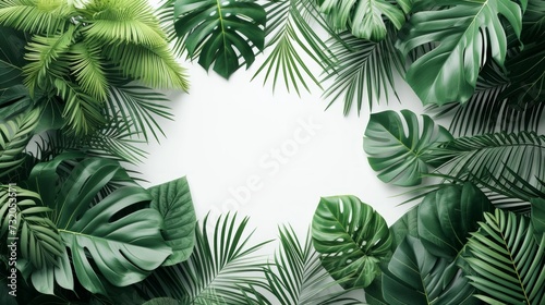 Minimalist backdrop adorned with lush tropical leaves  evoking a serene and exotic atmosphere