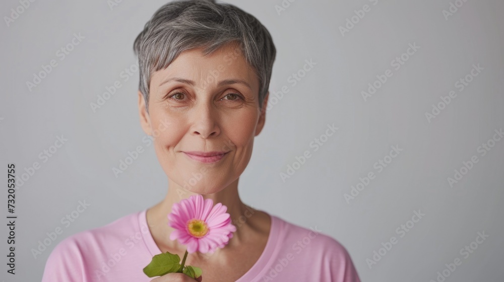 Cropped image of beautiful mid aged woman posing with pink flower. Breast cancer and cancer awareness. World Cancer Day. Survivor, suport, healthcare or trust, empathy or compassion. Cropped image of beautiful mid aged woman posing with pink flower. Breast cancer and cancer awareness. World Cancer Day. Survivor, suport, healthcare or trust, empathy or compassion.