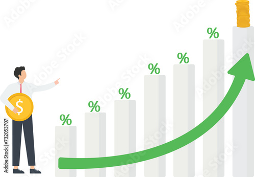 Investment and financial growth, interest growth on deposits and profit, economic improvement and GDP growth, wage growth and unemployment reduction, a man stands near a growing graph with a coin
