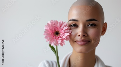 Emotional portrait of beautiful young bald girl with pink flower. Alopecia, breast cancer and cancer awareness. World Cancer Day. Survivor, suport. Woman with shaved head after chemotherapy  photo