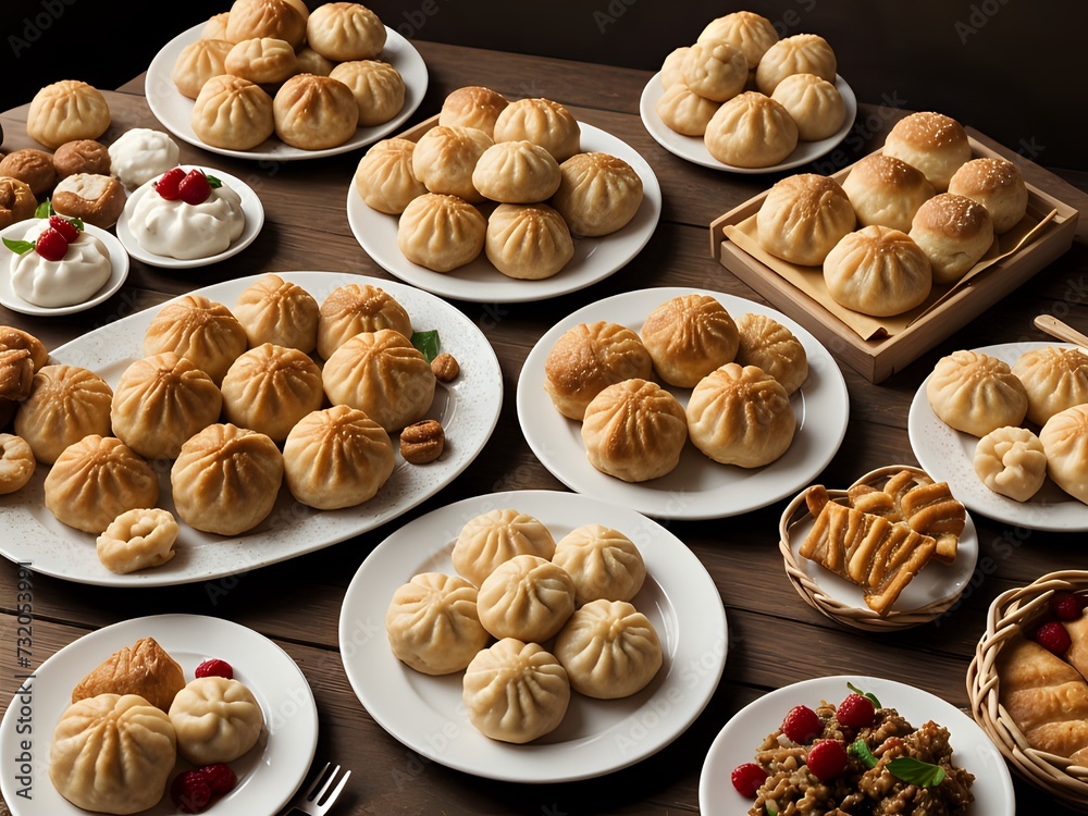 A view of a dining table with full of delicious baked foods dishes. Copy space. A view of a dining table with full of delicious baked foods dishes. Copy space.