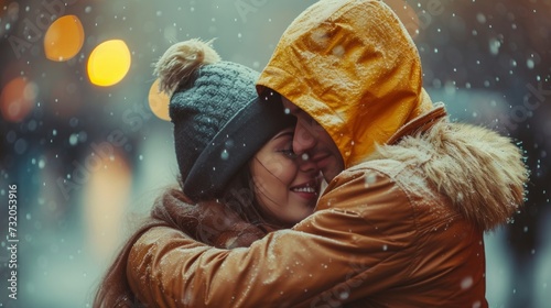 Clean composition showcasing a pair in a warm embrace, oblivious to the drizz...