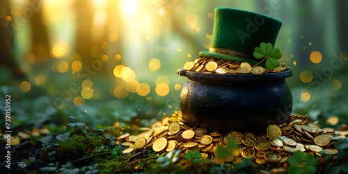 The Saint Patrick's day black cauldron with golden coins, hat and shamrocks in fairy tail forest. St. Patrick's Day banner background concept with copy space.