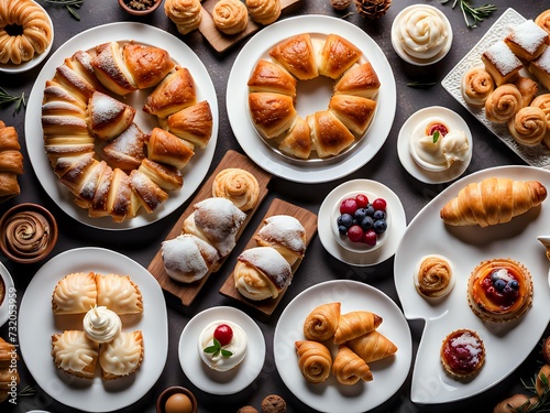 Top view of a dining table with full of delicious baked foods dishes. Copy space.