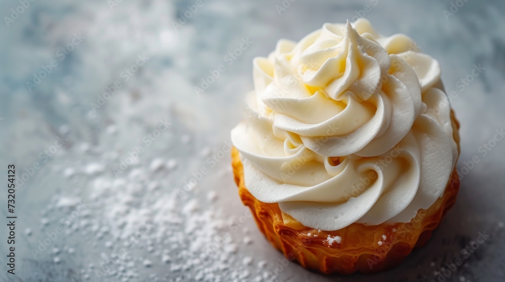 Clean and minimalist shot evoking a feeling of serenity with a pastry and fluffy whipped topping