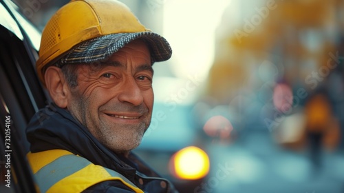 Clean composition featuring a cheerful taxi driver against an abstract backdrop