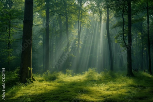 soft light filters through a serene forest, creating gentle shifts in form and shadows on the forest floor, to convey peace and tranquility © EyeAmAmazed