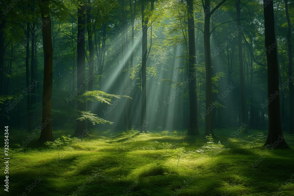 soft light filters through a serene forest, creating gentle shifts in form and shadows on the forest floor, to convey peace and tranquility