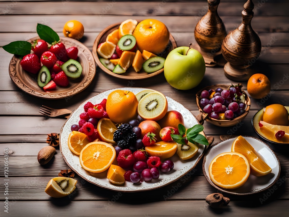 A view of a vibrant dining table with full of different and fresh fruits on a plate. Copy space.