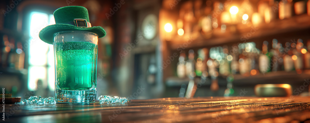 Mug of cold fresh beer on wooden table with green leprechaun hat on blurred background. Oktoberfest and St. Patrick's day celebration in a pub or bar. Card, banner, poster, flyer with copy space