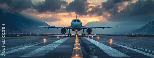 the image of one jet landing on an airport runway in the evening