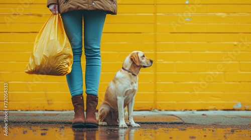 Minimalist scene showing a girl holding a bag, ready to clean up after her dog