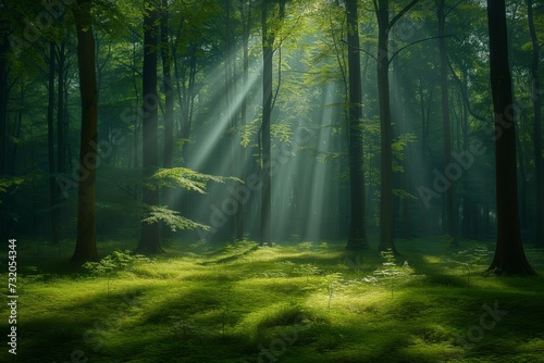 soft light filters through a serene forest  creating gentle shifts in form and shadows on the forest floor  to convey peace and tranquility