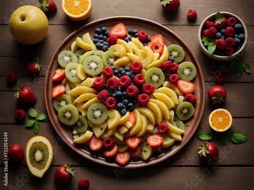 A view of a vibrant dining table with full of different and fresh fruits on a plate. Copy space.