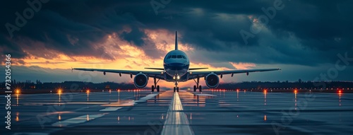 the image of one jet landing on an airport runway in the evening