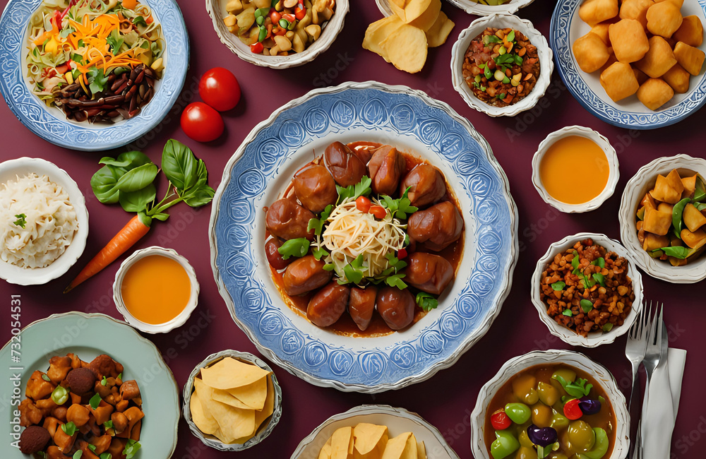A view of a vibrant dining table with full of different types of delicious foods dishes, dry fruits & juices or tea. Copy space. A view of a vibrant dining table with full of different types of delicious foods dishes, dry fruits & juices or tea. Copy space.
