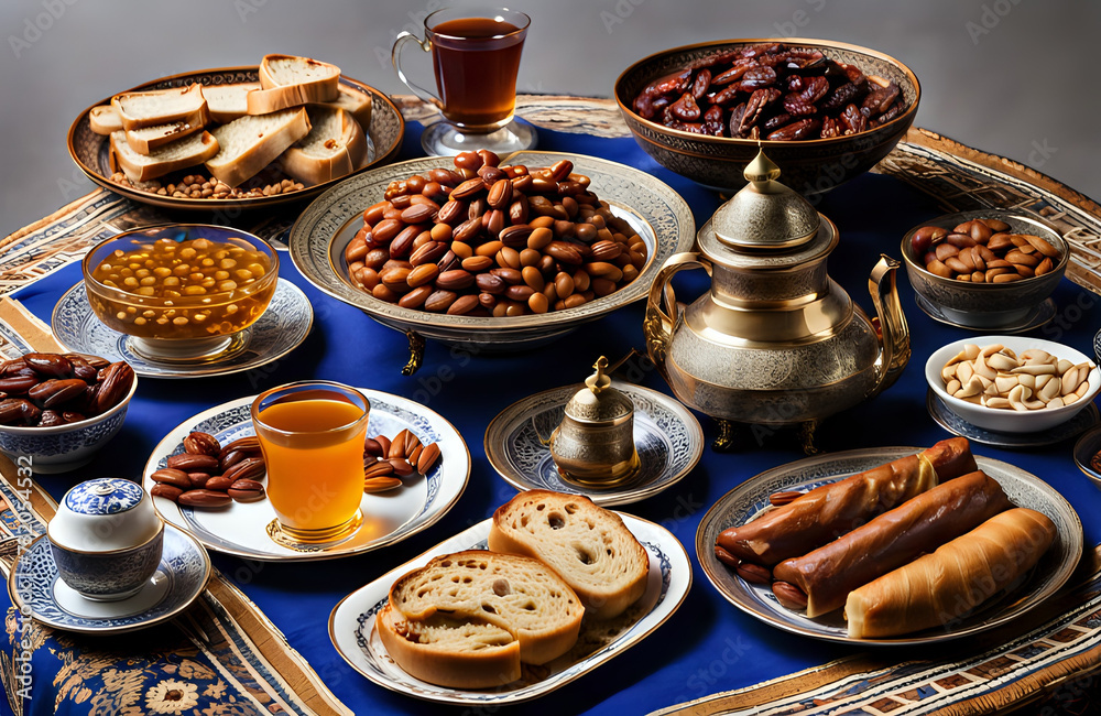 A view of a vibrant dining table with full of different types of delicious foods dishes, dry fruits & juices or tea. Copy space.