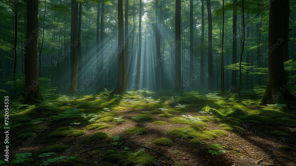 Fototapeta premium soft light filters through a serene forest, creating gentle shifts in form and shadows on the forest floor, to convey peace and tranquility