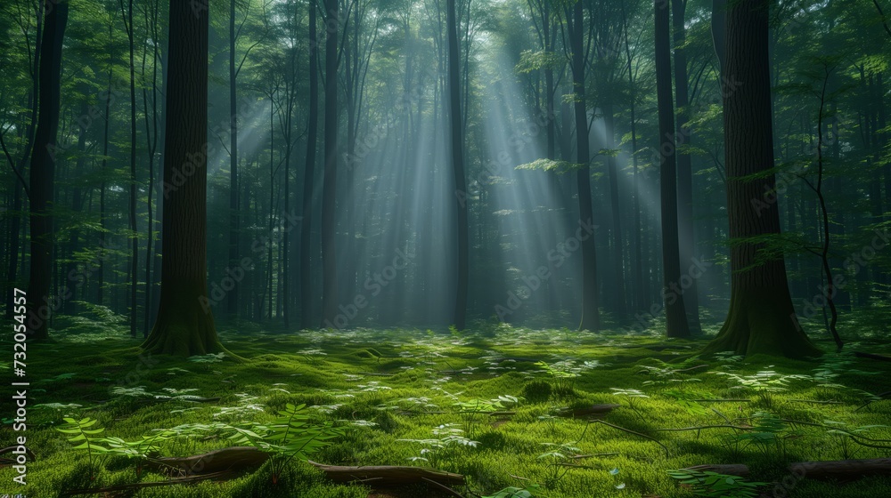 Fototapeta premium soft light filters through a serene forest, creating gentle shifts in form and shadows on the forest floor, to convey peace and tranquility