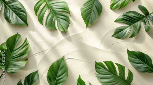 Delicate tropical leaves scattered across a minimalist backdrop,