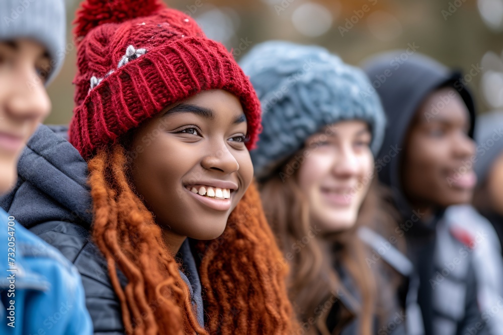 Young people unite in laughter, embracing joy. Happy friends gather for fun times, background lively.