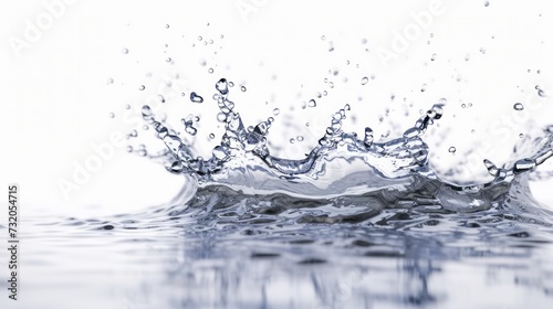Splashing drops of clear water liquid on plain white background