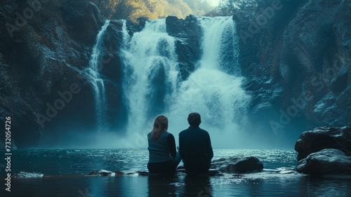 a couple sharing a quiet moment by a picturesque waterfall. large copyspace area, offcenter composition