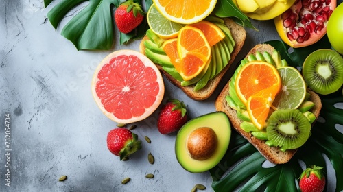 Simple yet enticing image featuring avocado toast garnished with tropical fruits
