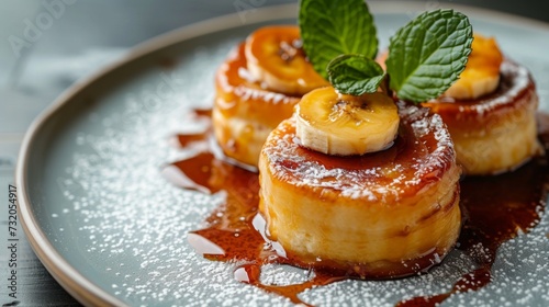 Minimalist photo featuring desserts adorned with caramelized bananas, evoking...