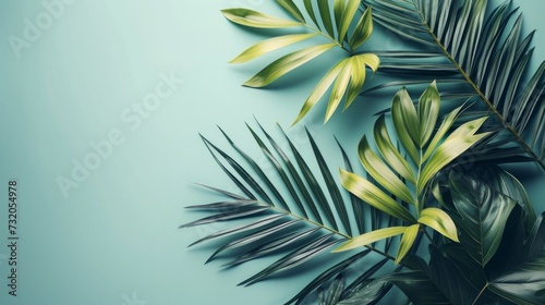 Minimalist composition featuring abstract tropical foliage, conveying a sense of peace and tranquility