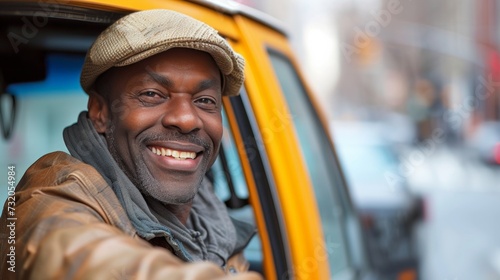 Clean composition with a happy taxi driver, adding a touch of positivity to t...