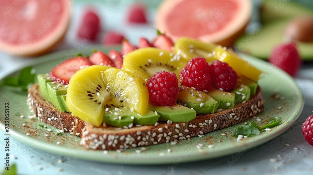Simple yet enticing image featuring avocado toast garnished with tropical fruits Simple yet enticing image featuring avocado toast garnished with tropical fruits