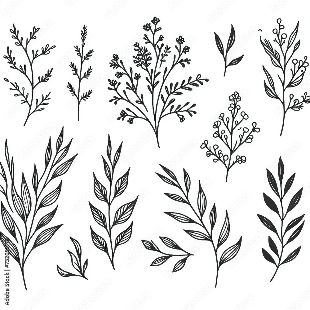 Hand-drawn minimalist botanical line art of floral branches, roses, leaves, and herbs create an elegant and rustic botanical wedding invitation and save-the-date card template. Hand-drawn minimalist botanical line art of floral branches, roses, leaves, and herbs create an elegant and rustic botanical wedding invitation and save-the-date card template.